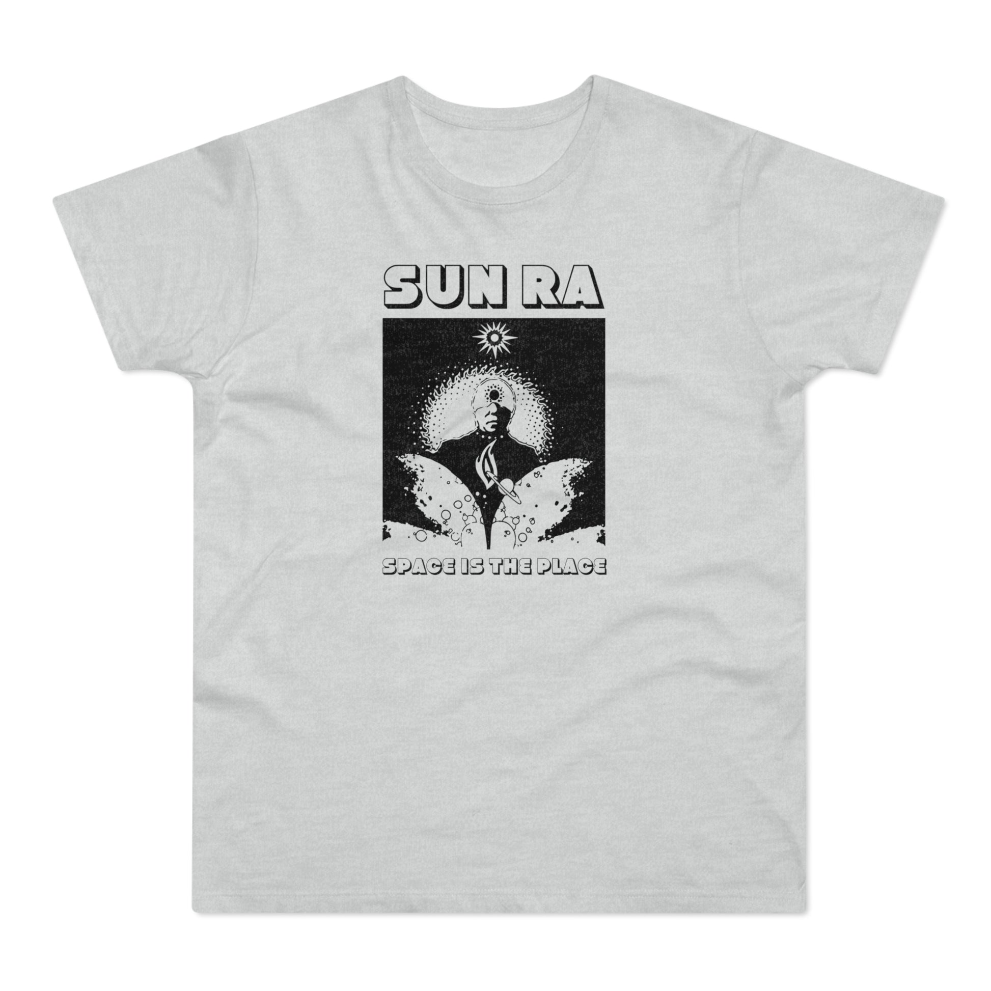 Gray t-shirt with graphic for Sun Ra and text "SPACE IS THE PLACE".