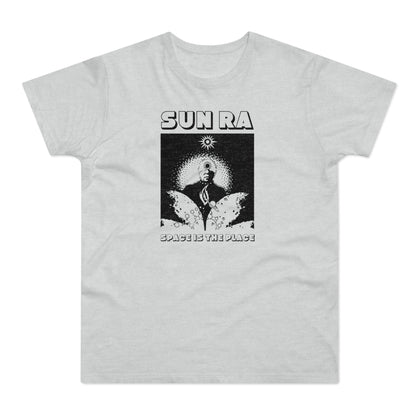 Gray t-shirt with graphic for Sun Ra and text "SPACE IS THE PLACE".