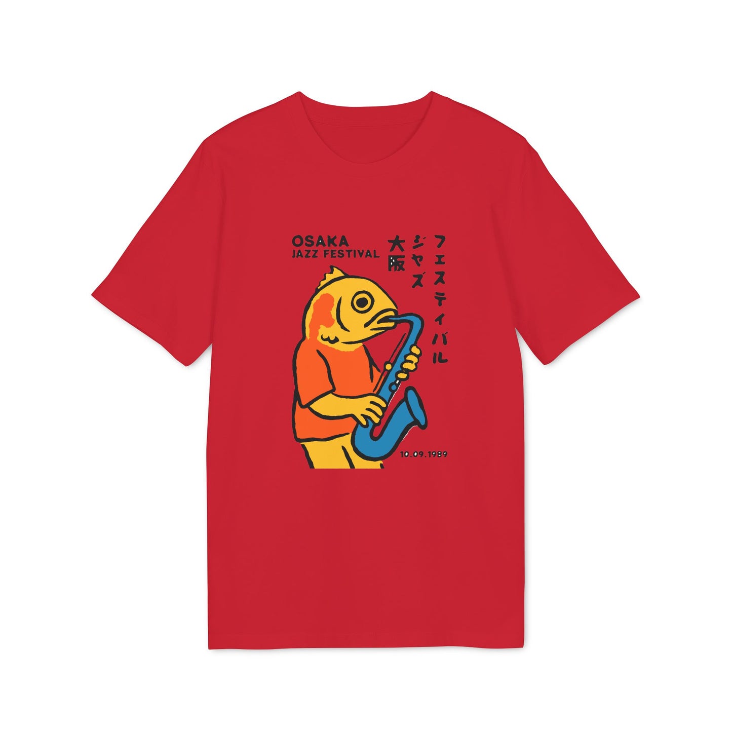 Red t-shirt featuring cartoon fish playing saxophone with Osaka Jazz Festival text
