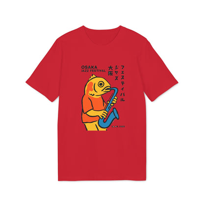 Red t-shirt featuring cartoon fish playing saxophone with Osaka Jazz Festival text