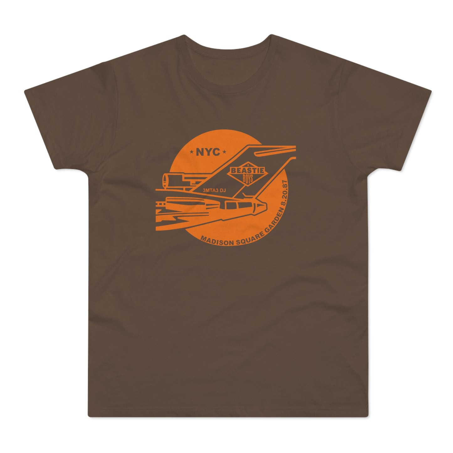 Brown t-shirt with Beastie Boys NYC Madison Square Garden August 20, 1987 graphic.