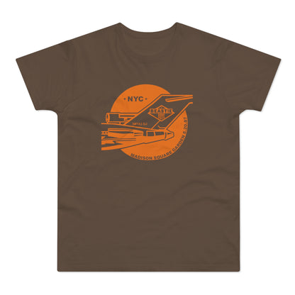 Brown t-shirt with Beastie Boys NYC Madison Square Garden August 20, 1987 graphic.