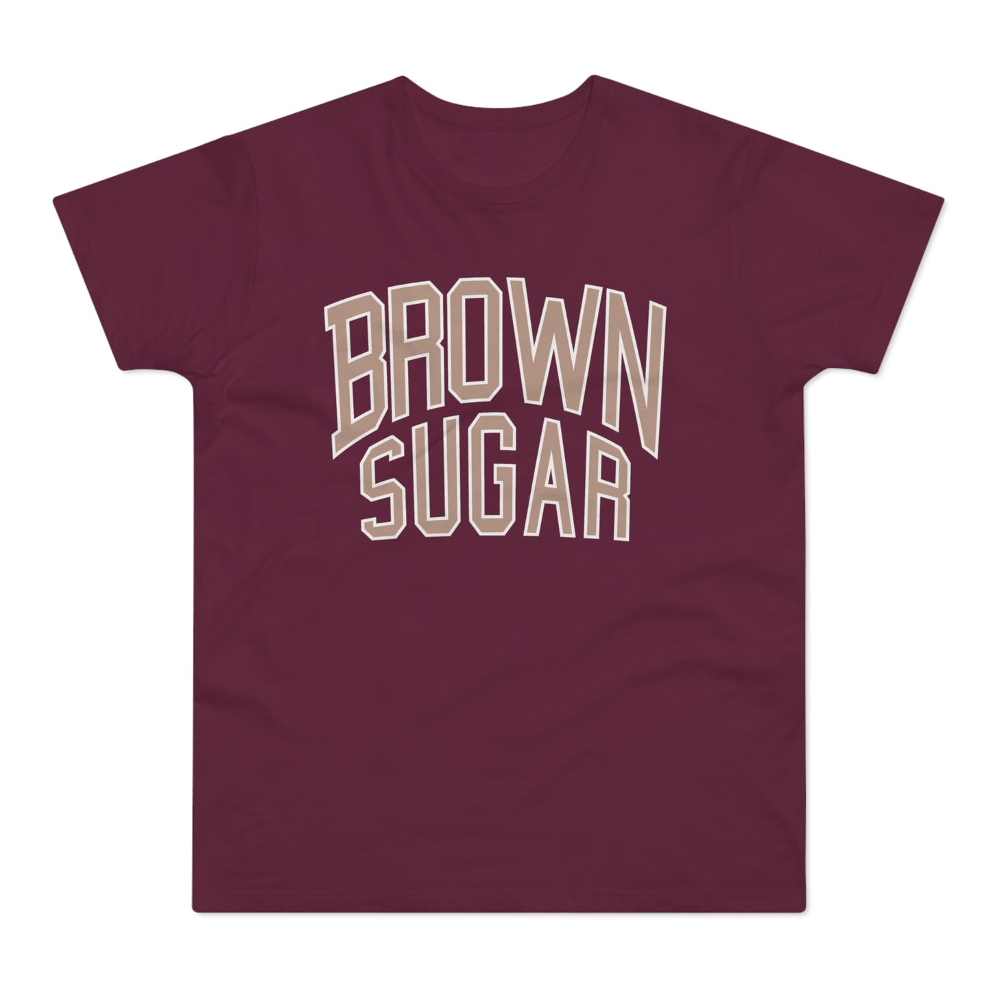 Maroon t-shirt with "BROWN SUGAR" text in beige with white outline.