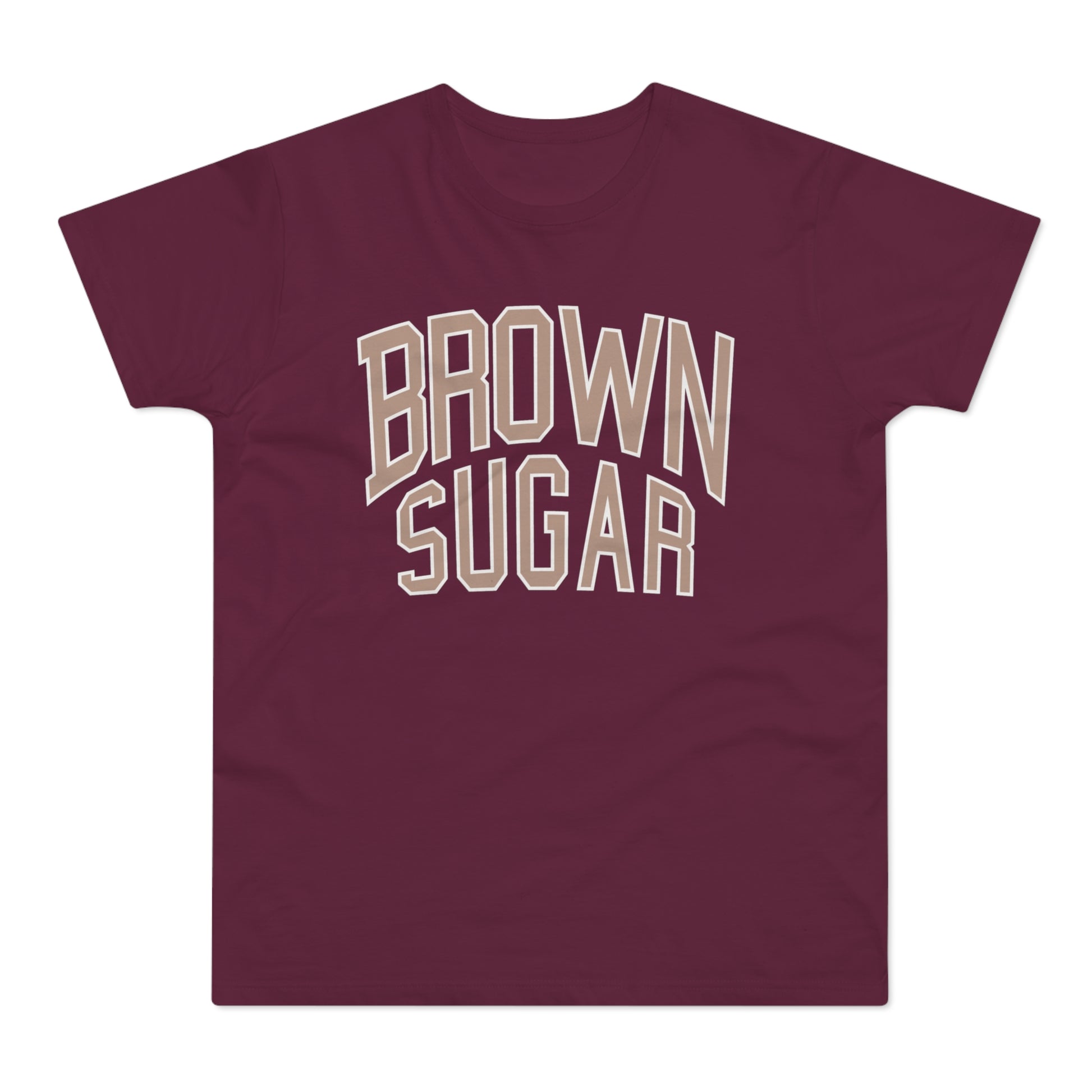 Maroon t-shirt with "BROWN SUGAR" text in beige with white outline.