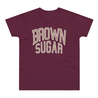 Maroon t-shirt with "BROWN SUGAR" text in beige with white outline.