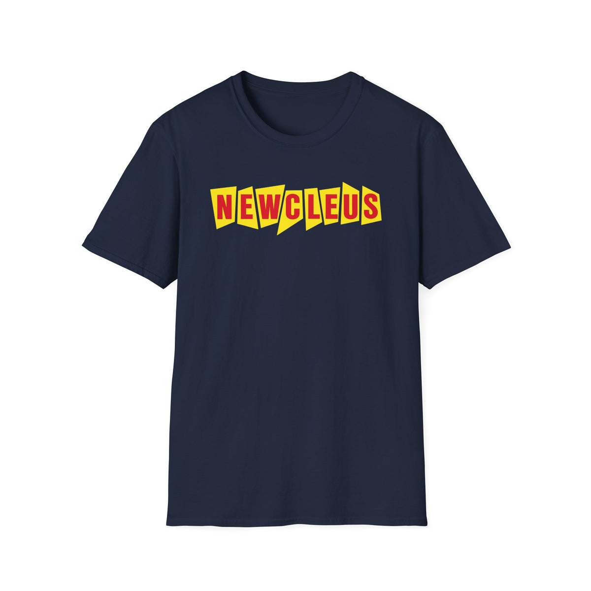 Dark navy t-shirt with "NEWCLEUS" in yellow and red jagged letters.
