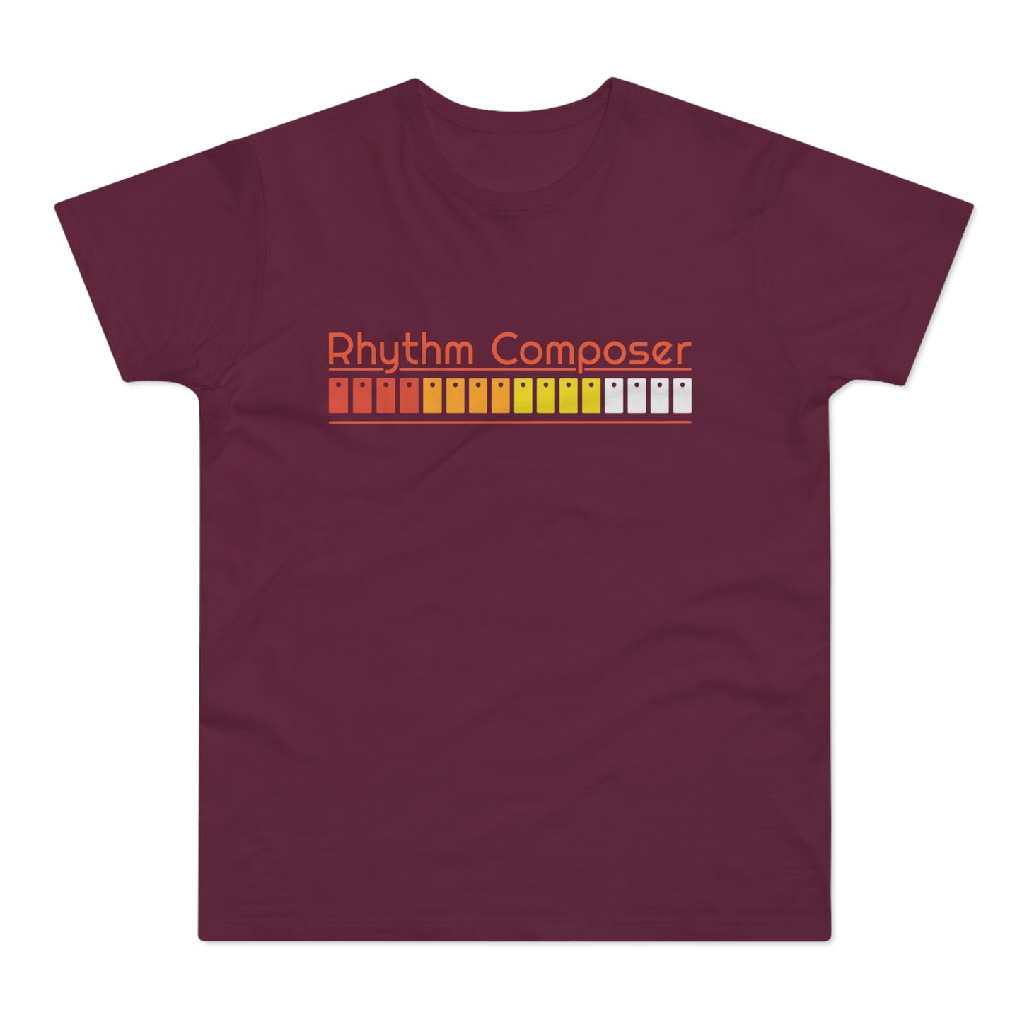Maroon t-shirt with "Rhythm Composer" text and gradient button graphic.