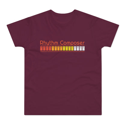 Maroon t-shirt with "Rhythm Composer" text and gradient button graphic.