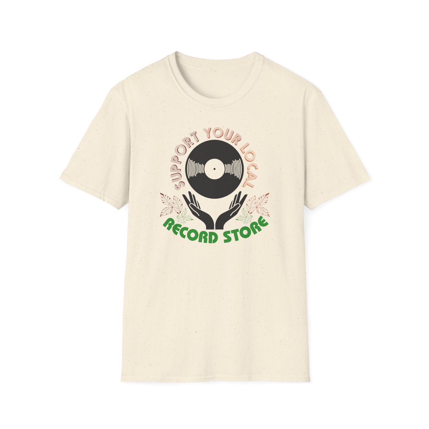Cream t-shirt with "Support Your Local Record Store" vinyl record graphic.