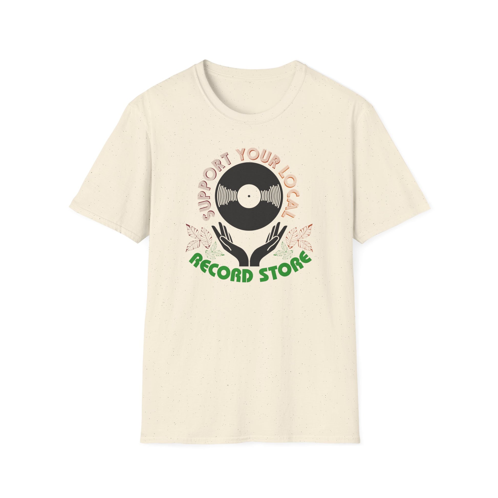 Cream t-shirt with "Support Your Local Record Store" vinyl record graphic.