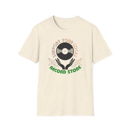 Cream t-shirt with "Support Your Local Record Store" vinyl record graphic.