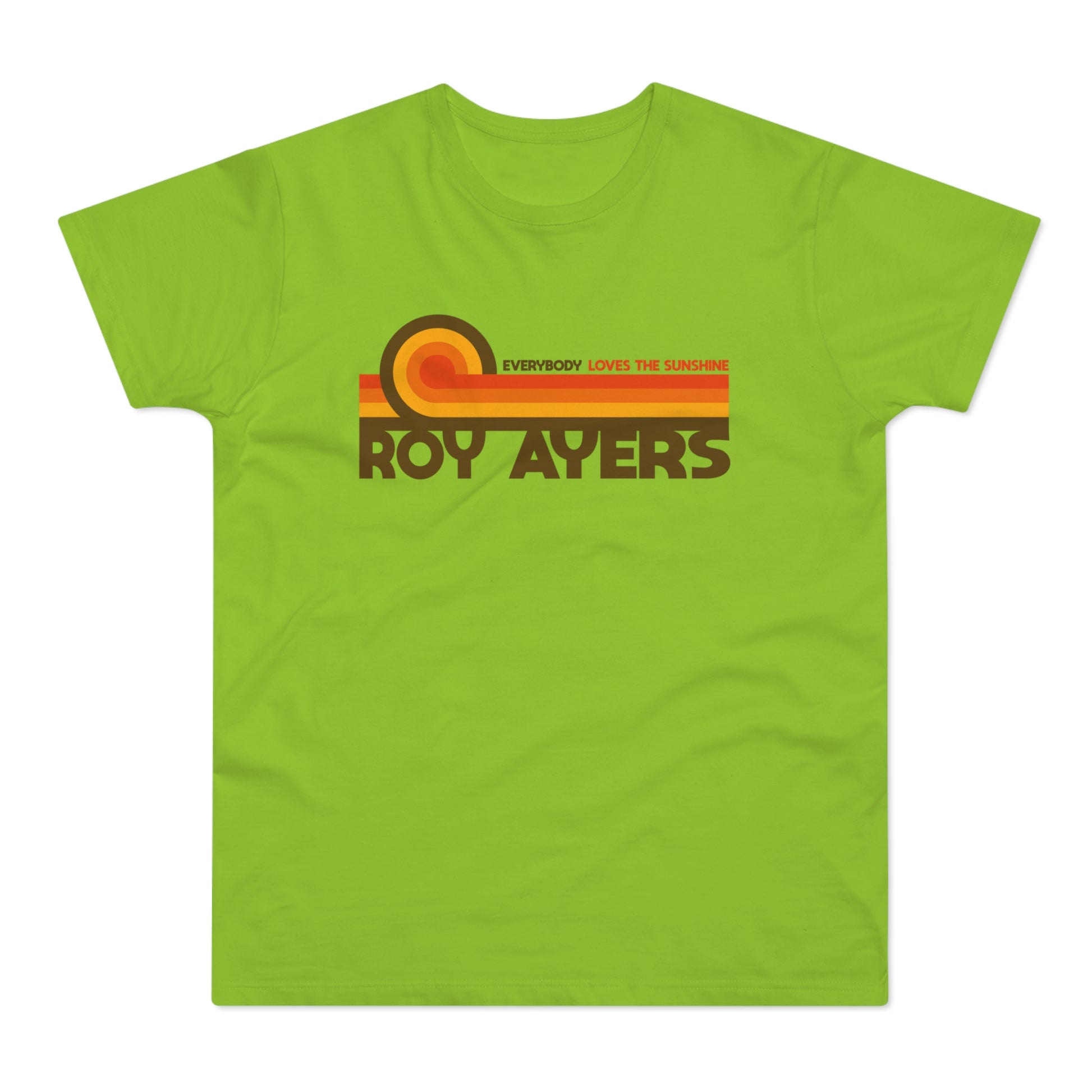 Green t-shirt with "ROY AYERS" and "EVERYBODY LOVES THE SUNSHINE" text.