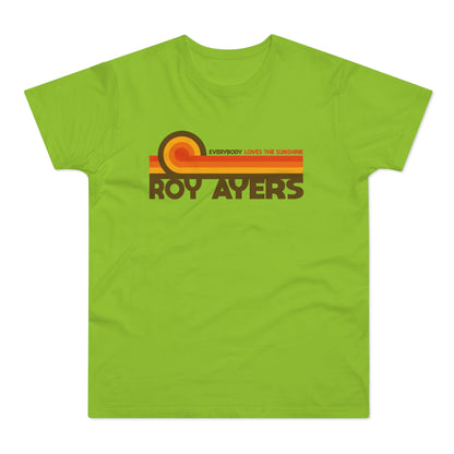 Green t-shirt with "ROY AYERS" and "EVERYBODY LOVES THE SUNSHINE" text.
