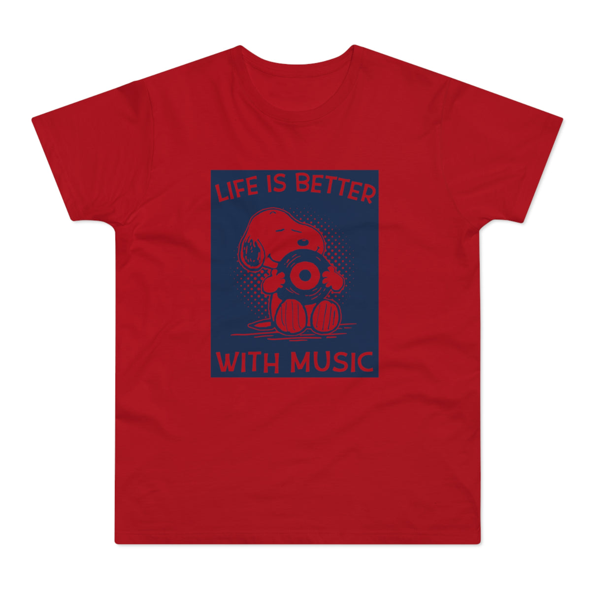 Red t-shirt with Snoopy holding a vinyl record and text that says "LIFE IS BETTER WITH MUSIC".