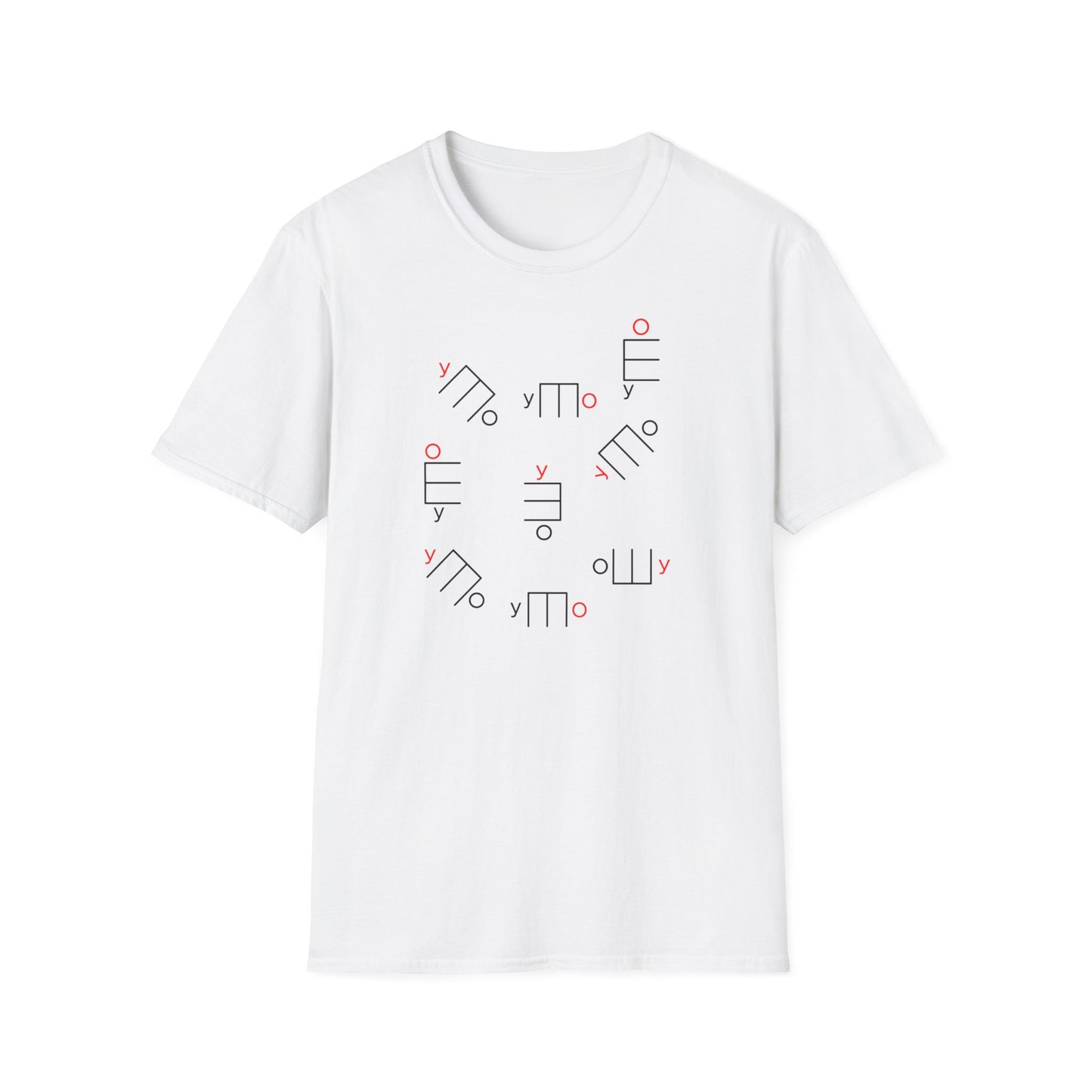 White t-shirt with a scattered pattern of abstract geometric shapes and the letter "y".