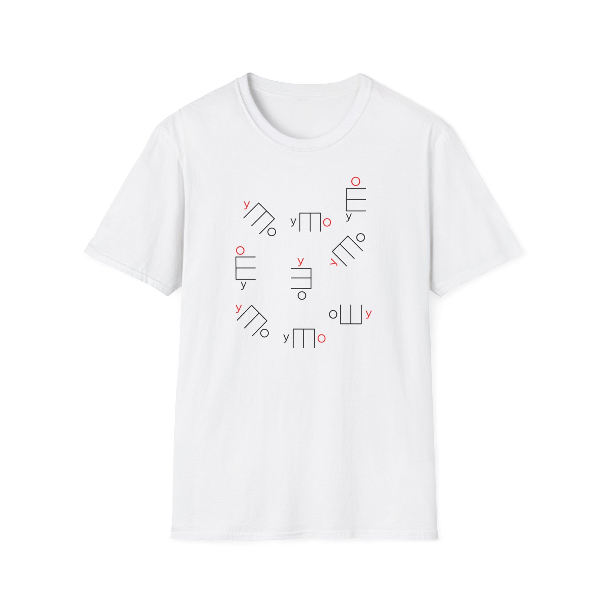 White t-shirt with a scattered pattern of abstract geometric shapes and the letter "y".