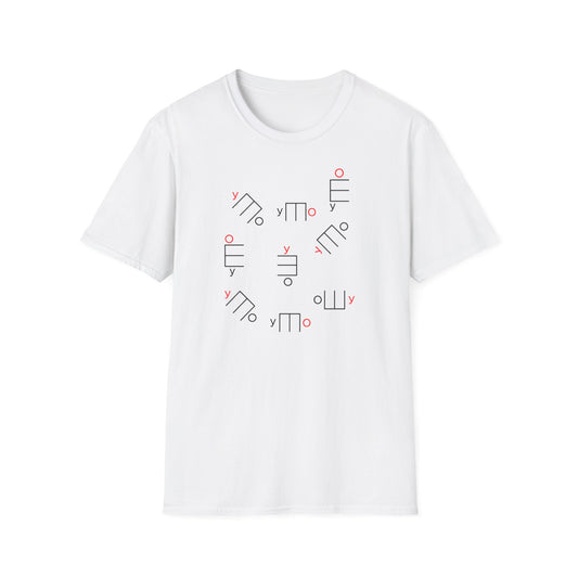 White t-shirt with a scattered pattern of abstract geometric shapes and the letter "y".