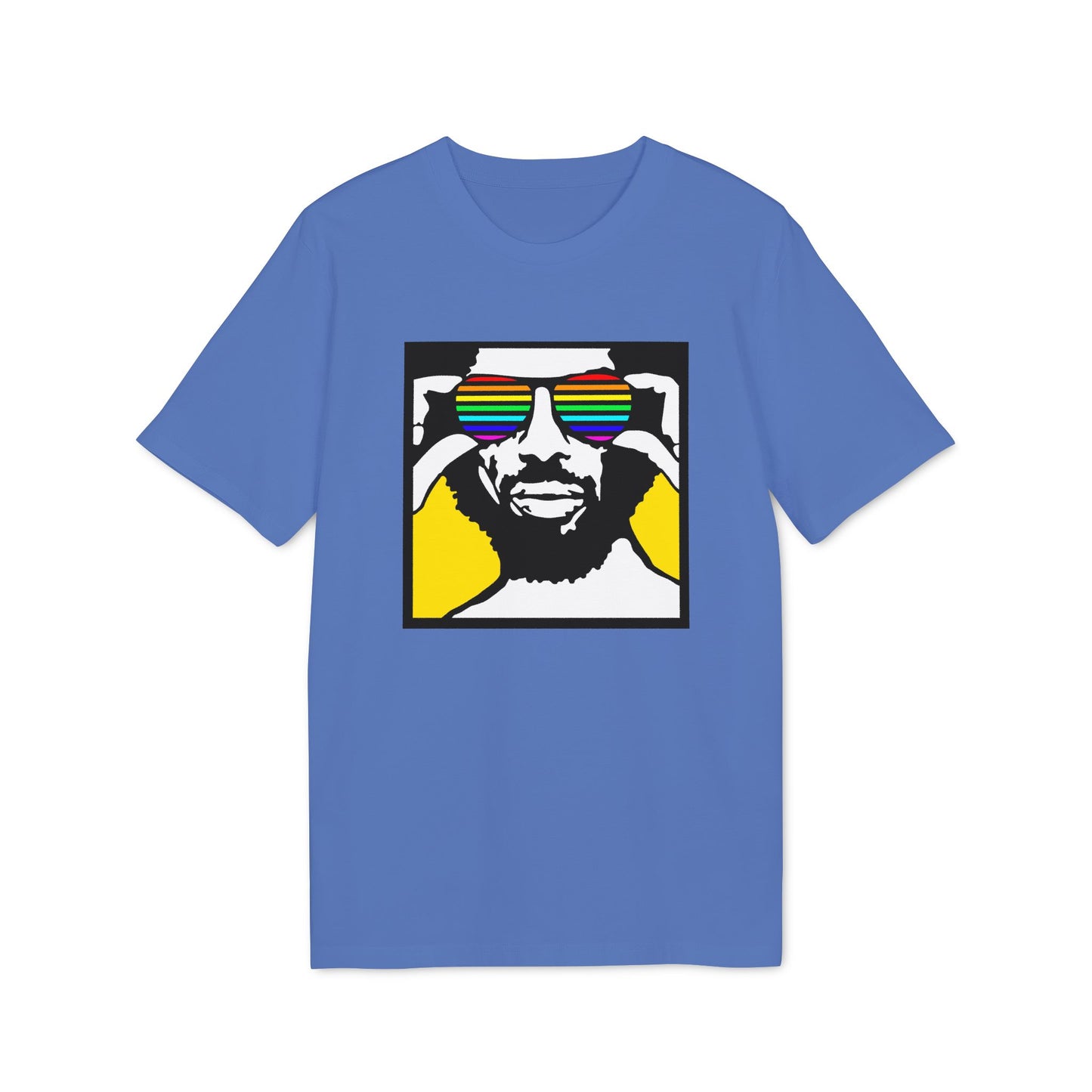 Men's blue t-shirt with graphic of a man wearing rainbow sunglasses.
