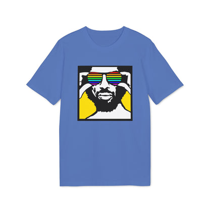 Men's blue t-shirt with graphic of a man wearing rainbow sunglasses.