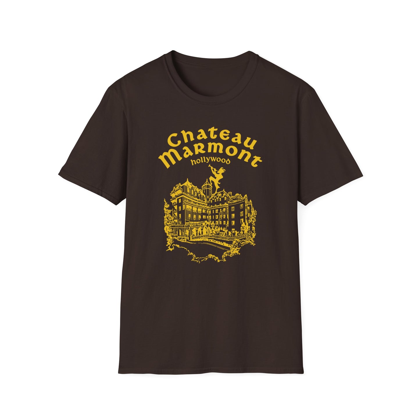 Brown t-shirt with yellow Chateau Marmont Hollywood graphic and building illustration.