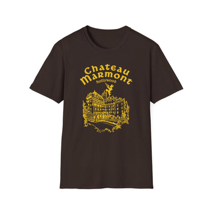 Brown t-shirt with yellow Chateau Marmont Hollywood graphic and building illustration.