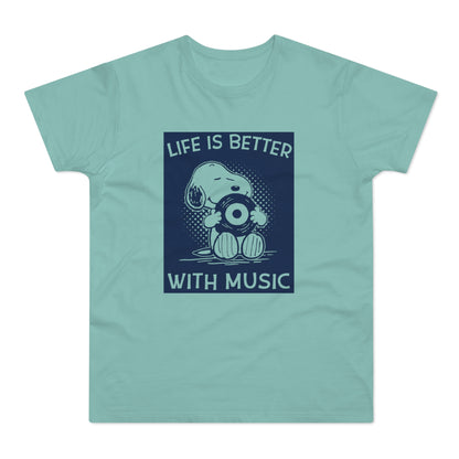 Snoopy holding a record with text "LIFE IS BETTER WITH MUSIC".