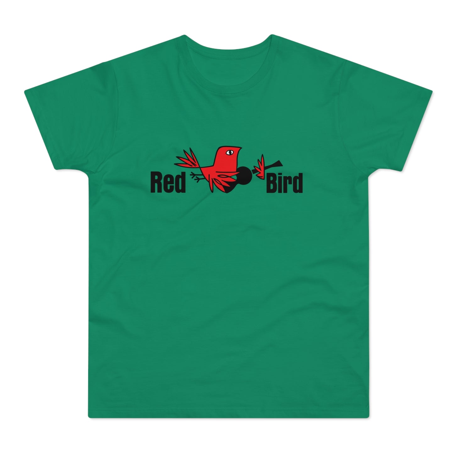 Green t-shirt with a graphic reading "Red Bird" and a red bird illustration.
