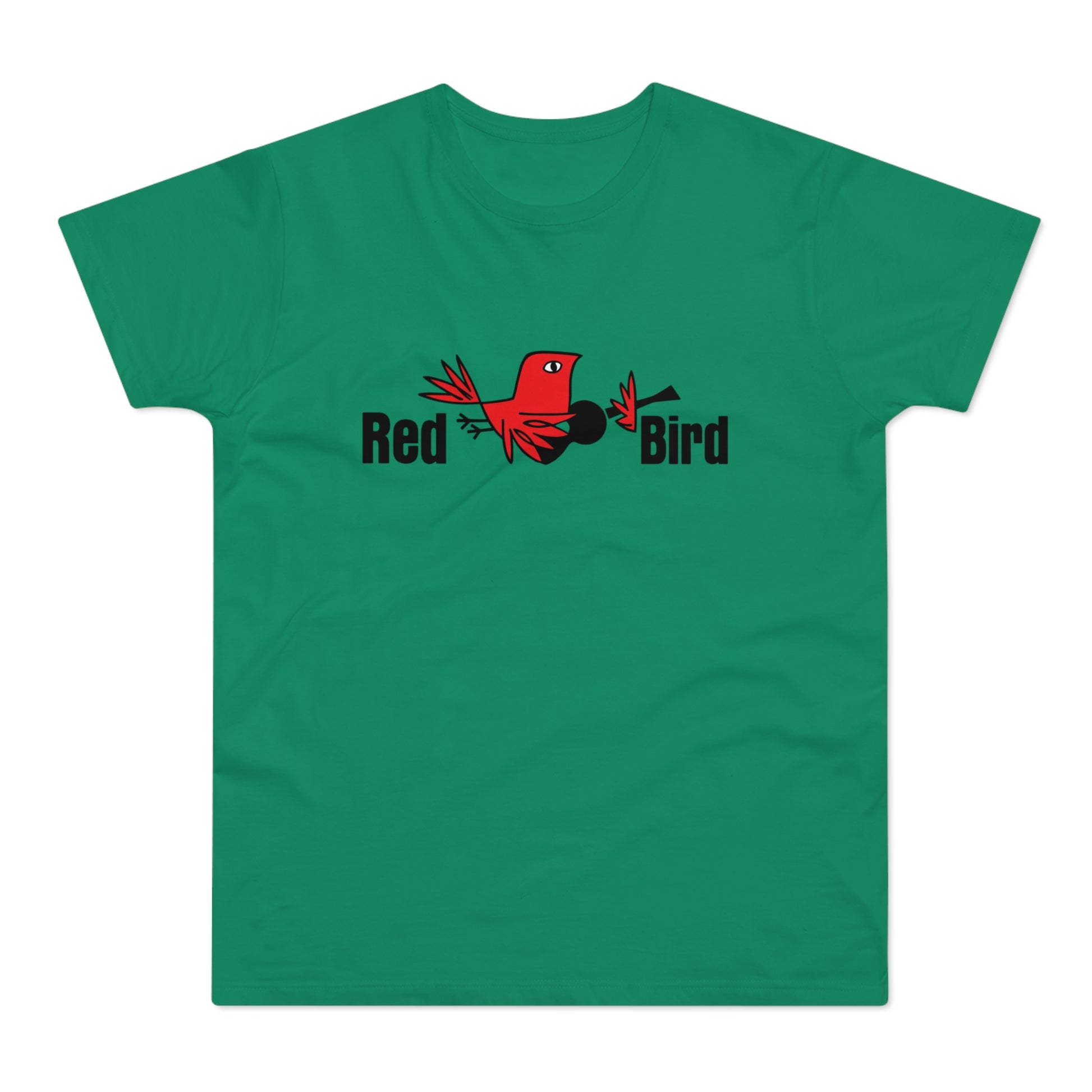 Green t-shirt with a graphic reading "Red Bird" and a red bird illustration.