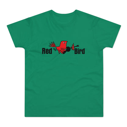 Green t-shirt with a graphic reading "Red Bird" and a red bird illustration.