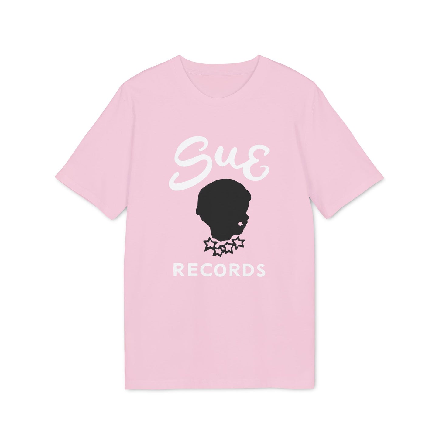 Pink t-shirt with "Sue Records" text and a black profile silhouette.