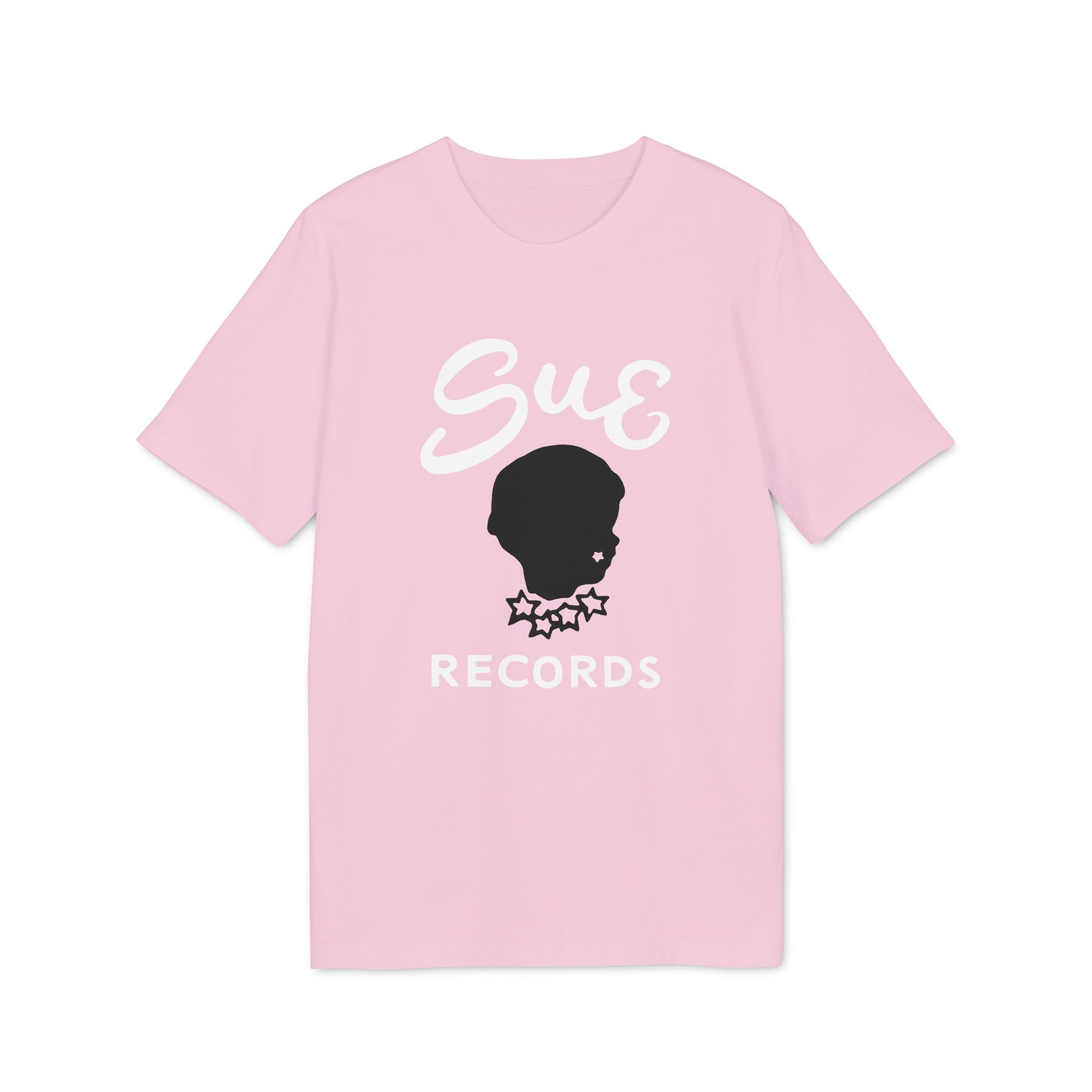 Pink t-shirt with "Sue Records" text and a black profile silhouette.