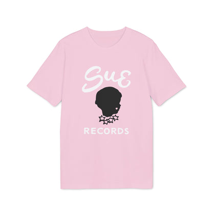 Pink t-shirt with "Sue Records" text and a black profile silhouette.