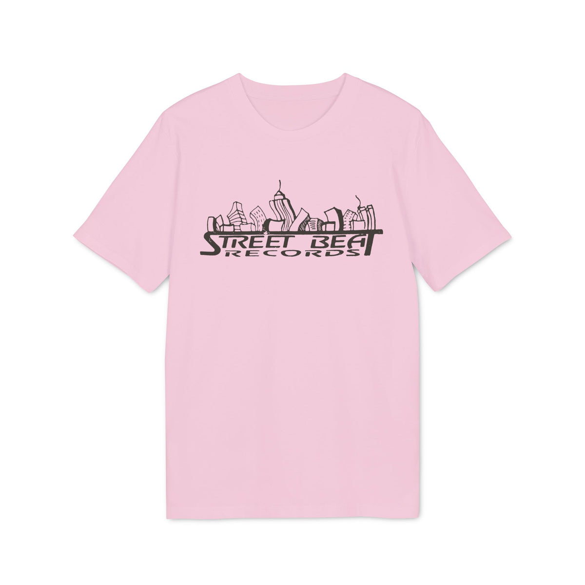 Pink t-shirt with black "Street Beat Records" and skyline graphic.
