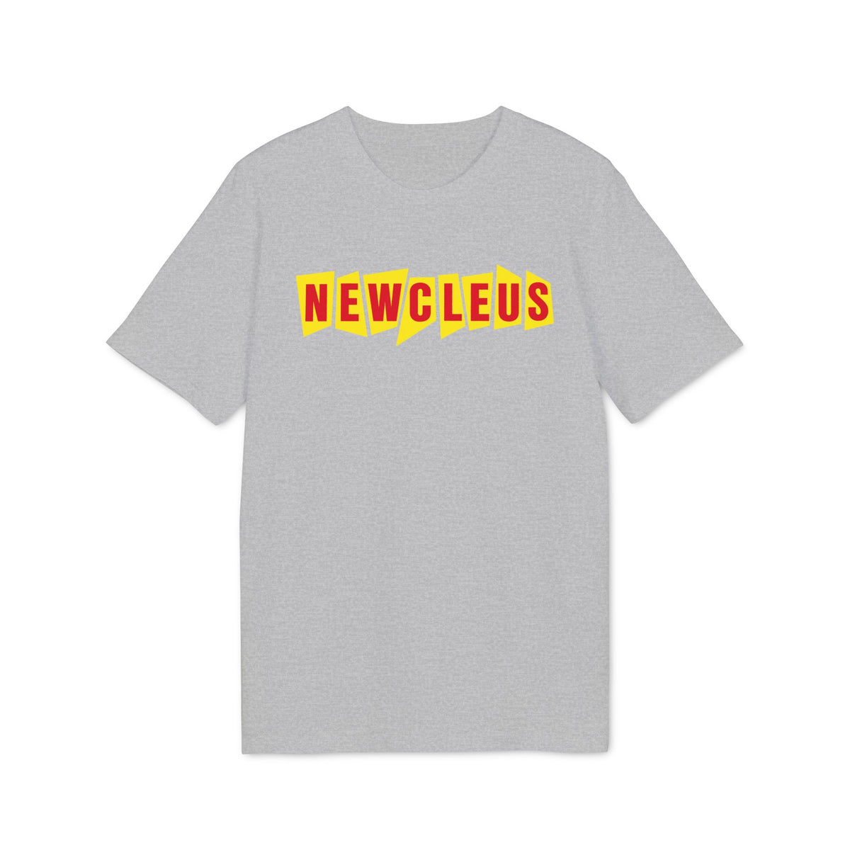 Gray t-shirt with red "NEWCLEUS" text on yellow fragmented shapes.