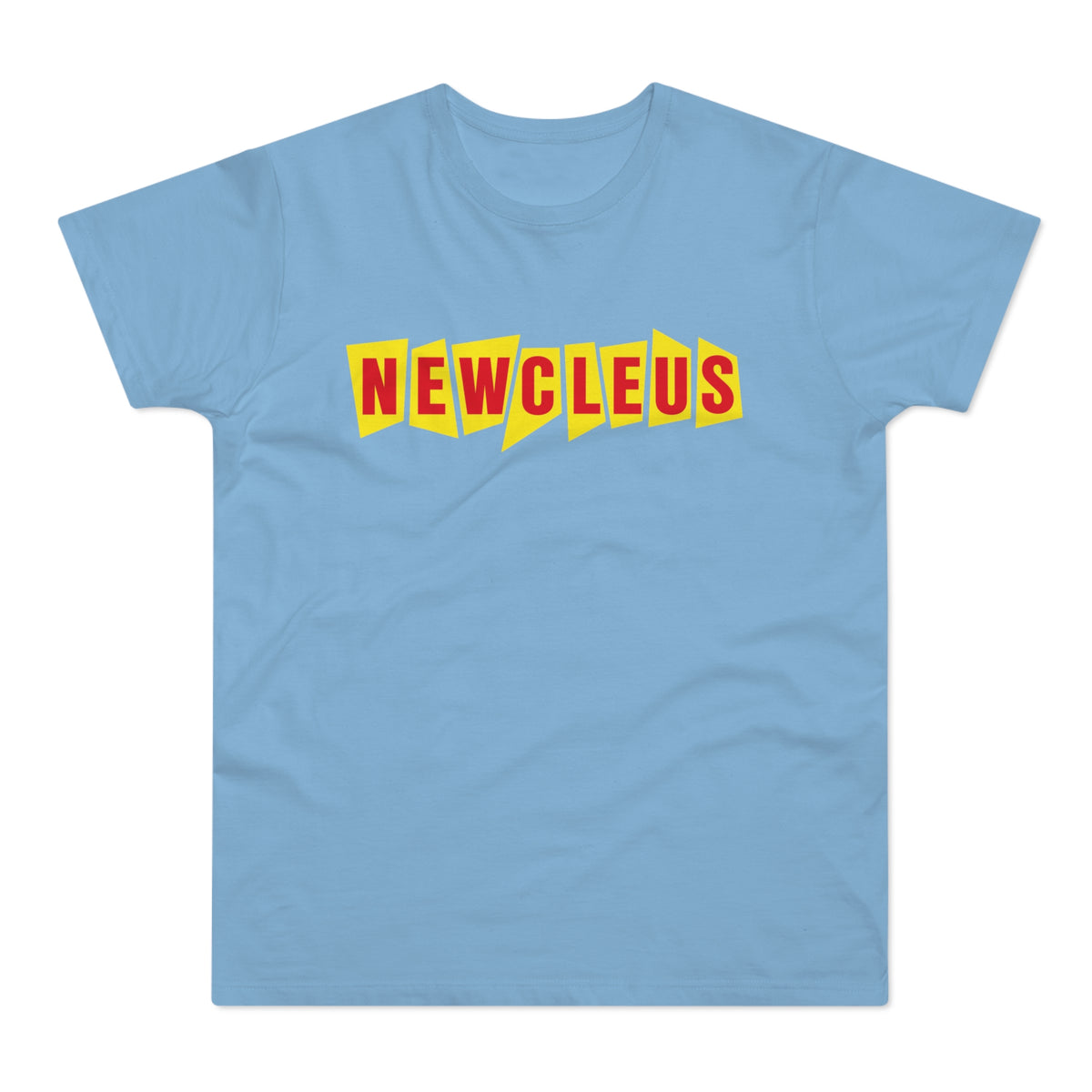 Light blue t-shirt with red "NEWCLEUS" text on yellow angled shapes.