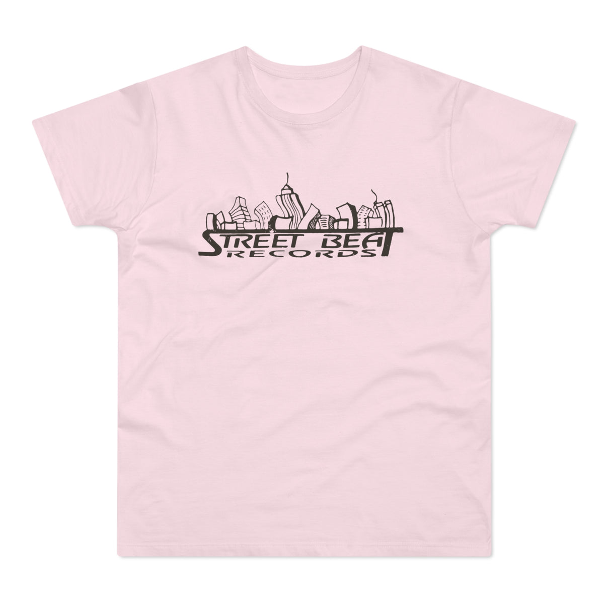 Pink t-shirt with black "Street Beat Records" text and city skyline graphic.
