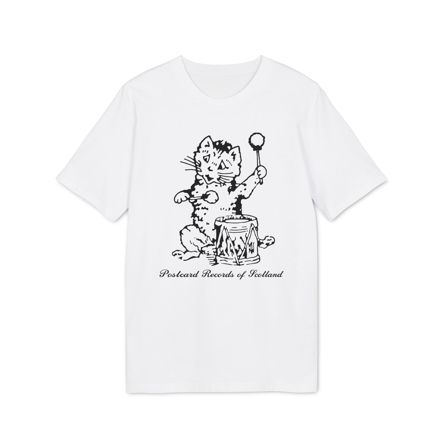 T-shirt with black and white drawing of a cat playing a drum and text.