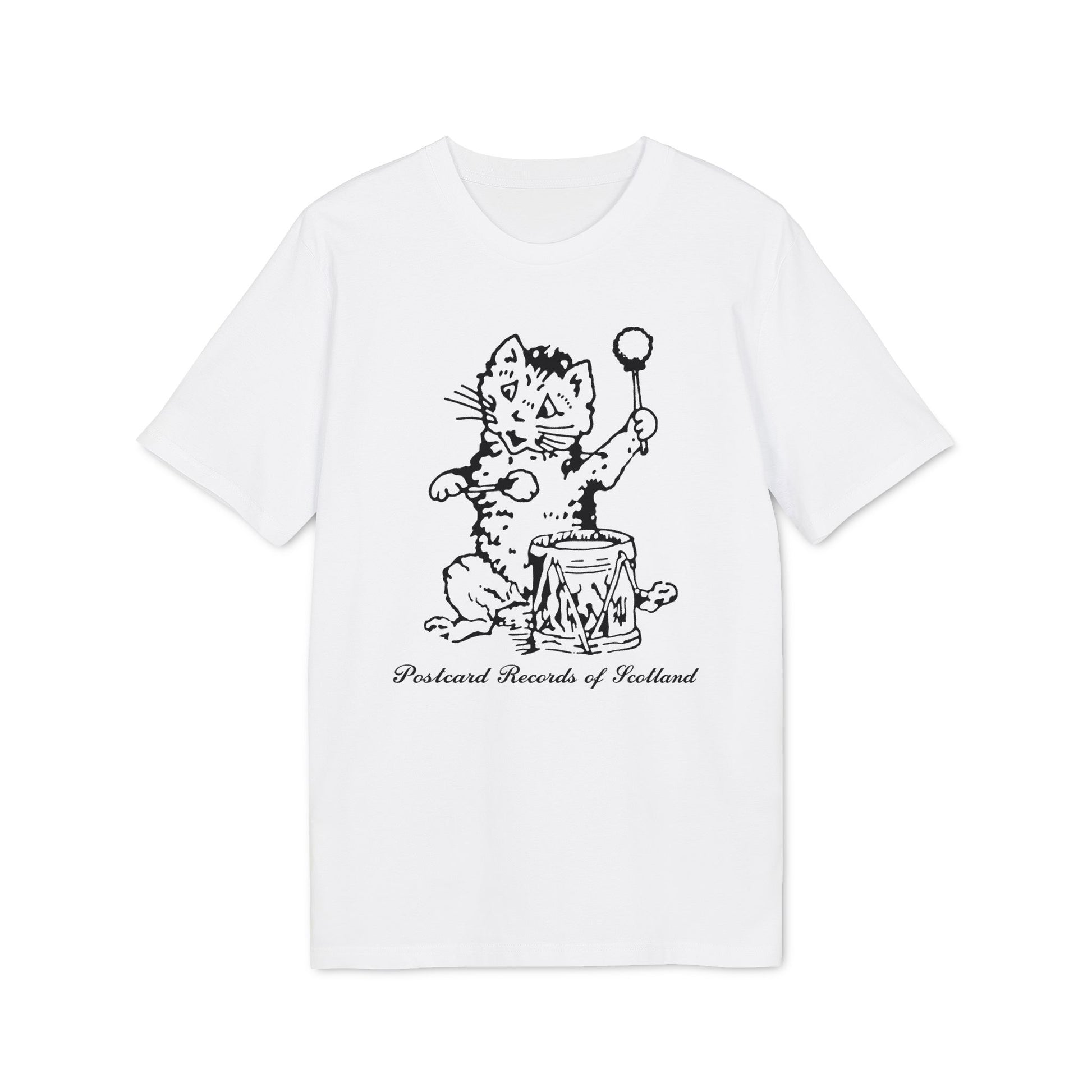 T-shirt with black and white drawing of a cat playing a drum and text.