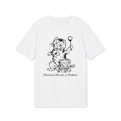 T-shirt with black and white drawing of a cat playing a drum and text.