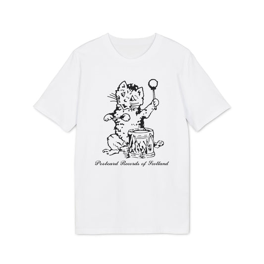 T-shirt with black and white drawing of a cat playing a drum and text.