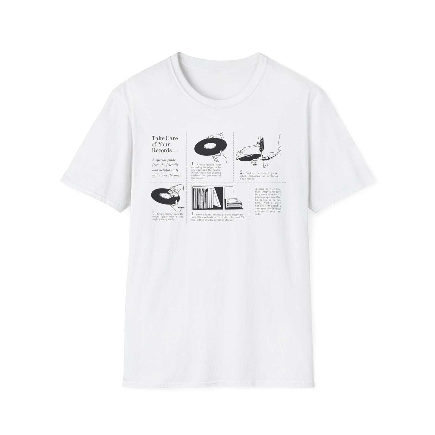 White t-shirt with graphic detailing record care instructions.