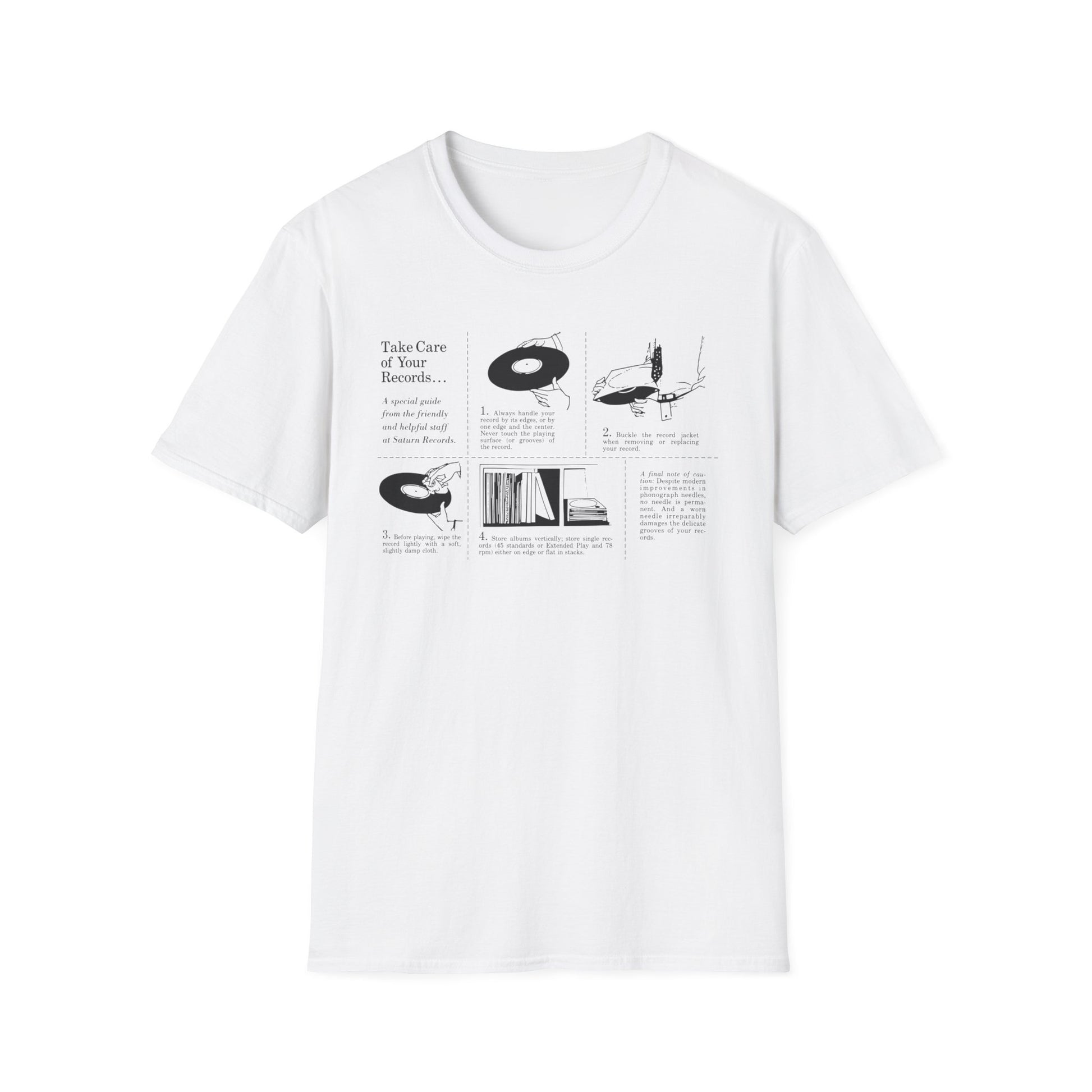 White t-shirt with graphic detailing record care instructions.