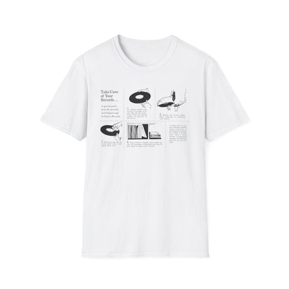 White t-shirt with graphic detailing record care instructions.