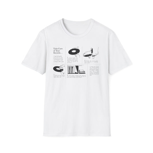White t-shirt with graphic detailing record care instructions.