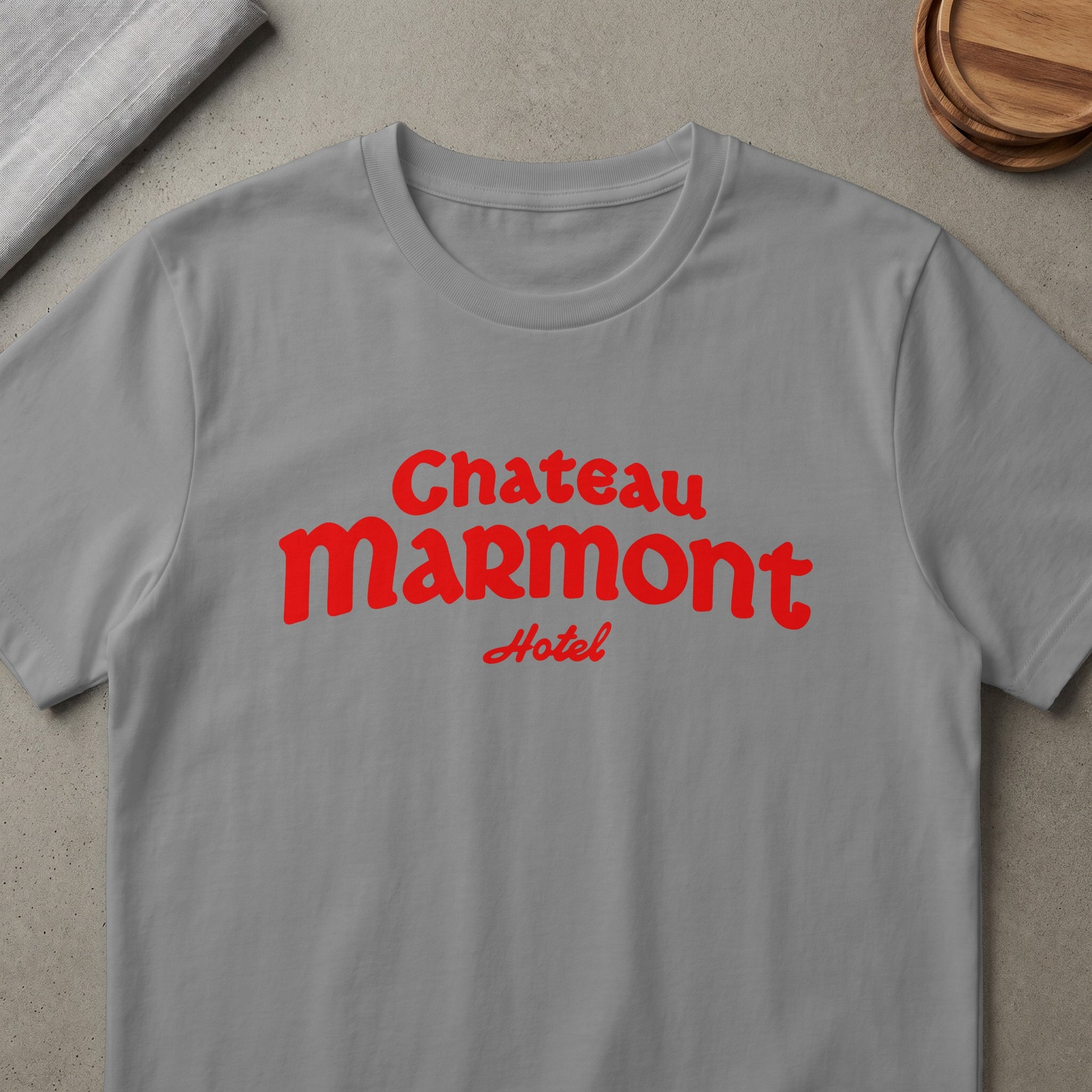 Grey t-shirt with red Chateau Marmont Hotel text on the front.