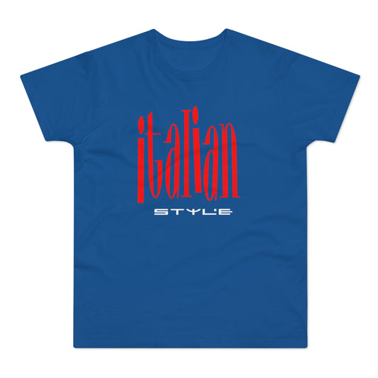 Royal blue t-shirt with red vertical "ITALIAN" and white "STYLE" text.