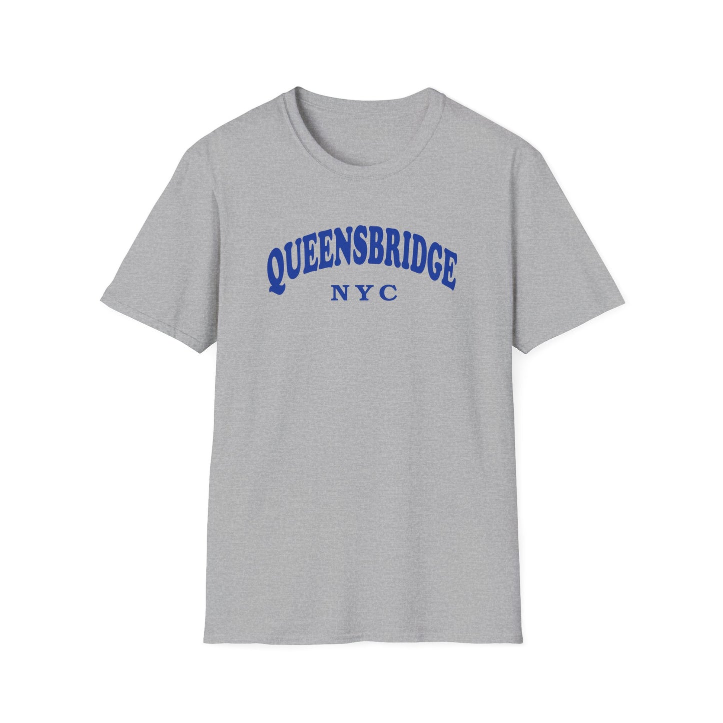 Grey t-shirt with "QUEENSBRIDGE NYC" in blue arching text.