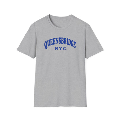 Grey t-shirt with "QUEENSBRIDGE NYC" in blue arching text.