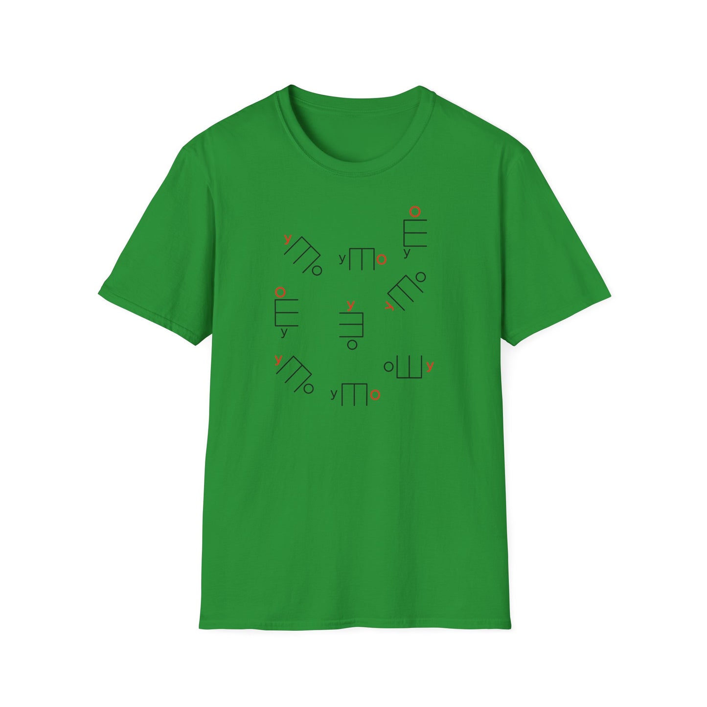 Green t-shirt with a scattered pattern of black and red abstract shapes and the letter 'y'.