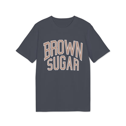 Grey t-shirt with "BROWN SUGAR" text in a varsity font.